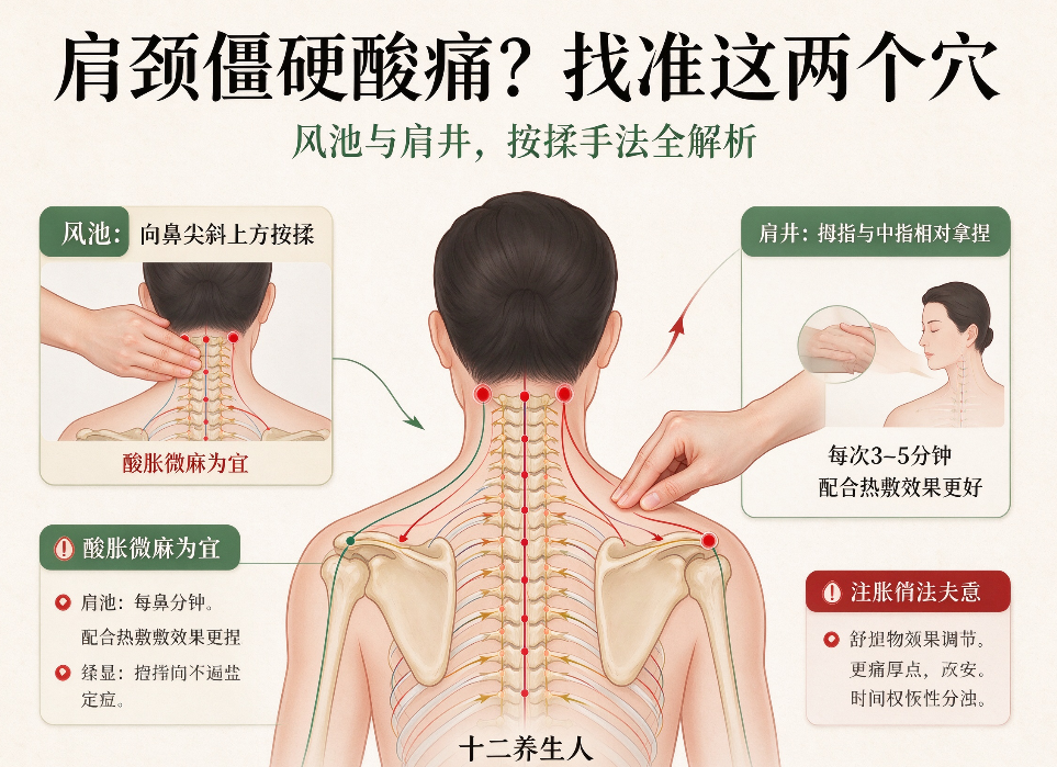 肩颈僵硬酸痛难忍?找准风池与肩井,按揉手法与力道全解析