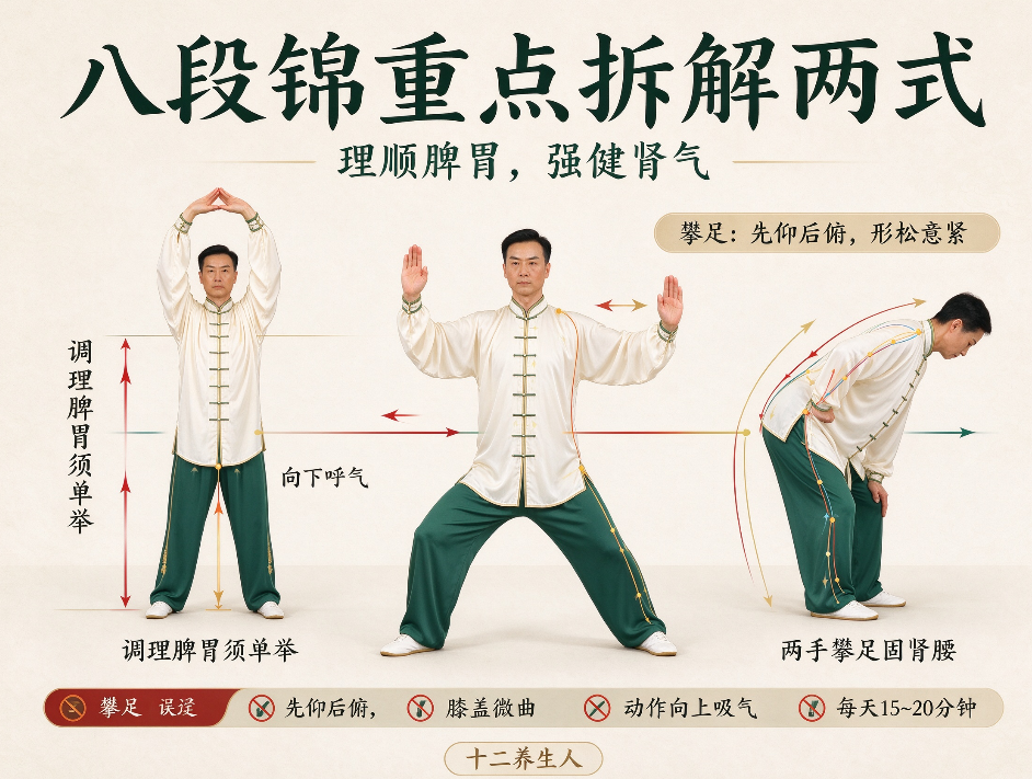 传统养生运动八段锦:重点拆解“单举”与“攀足”,理顺脾胃与肾气